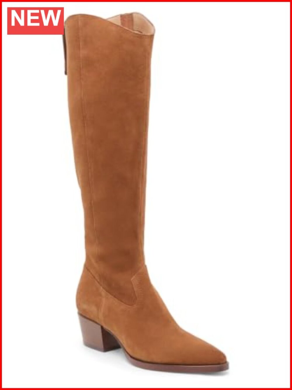 Wide Calf Knee High Boots Chunky Heel Pointed Toe Faux Suede Zip Women's